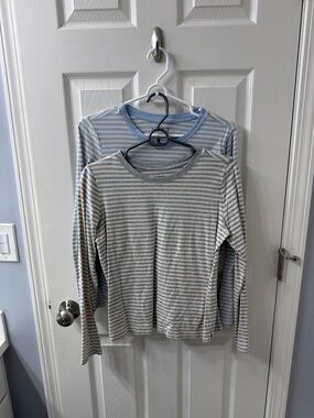 LOFT Long Sleeve Striped Tee Set - Light Blue & Light Gray